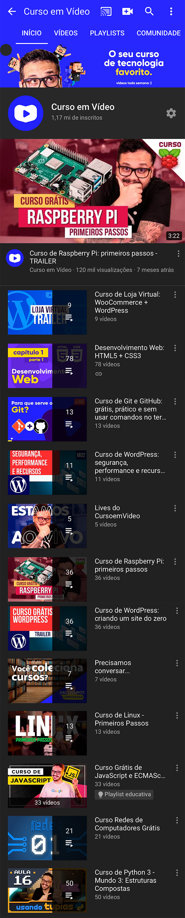 Tela do youtube